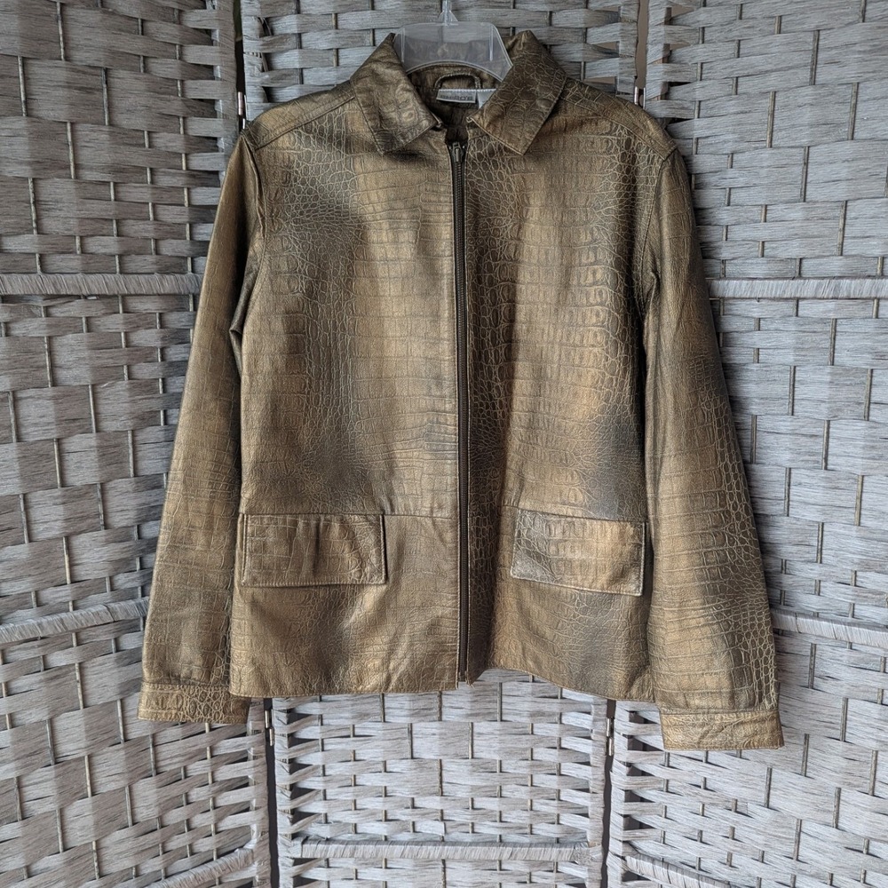 Chico's Leather Jacket Gold Croc Embossed Metallic Sz 1 (M 8/10) Glam Mobwife